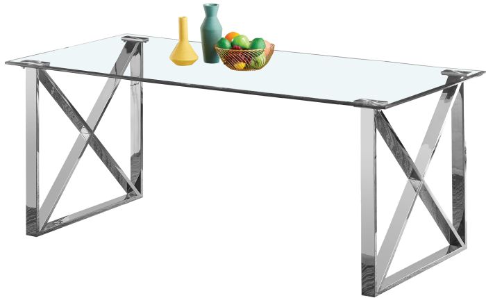 Table de salle à manger design plateau en miroir avec piètement en acier inoxydable poli collection COSTA L. 200 x P. 100 x H. 75 cm