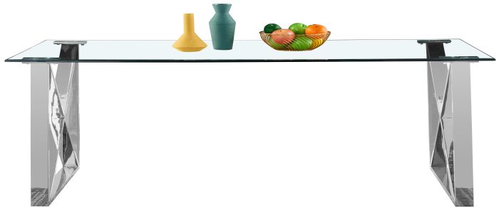 Table de salle à manger design plateau en miroir avec piètement en acier inoxydable poli collection COSTA L. 200 x P. 100 x H. 75 cm