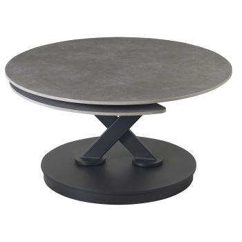 Table basse extensible design plateau en pierre frittée coloris gris clair et pieds en acier coloris noir L.85-127 x P.85 x H.45 cm collection MANILA