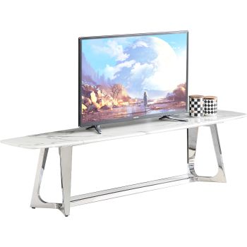 Meuble Tv design plateau en marbre artificiel blanc avec piètement en acier inoxydable poli argenté collection Veneta L. 180 x P. 42 x H. 45 cm