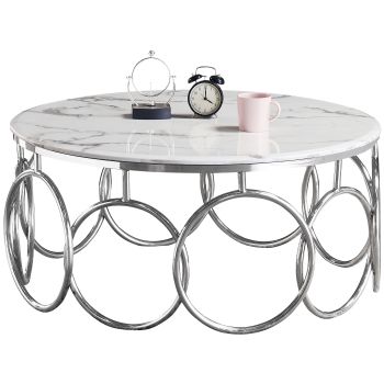 Table basse design en acier argenté avec plateau en marbre artificiel blanc L. 100 x P. 100 x H. 45 cm Collection BRUNO