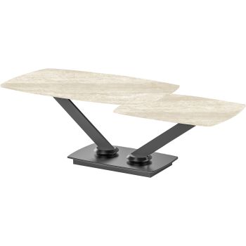 Table basse extensible design plateau en pierre frittée coloris beige et pieds en acier coloris noir L.100-146 x P.60 x H.45 cm collection ALISHA