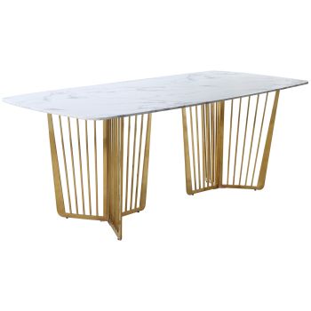 Table de salle à manger design avec plateau en marbre blanc et pieds en acier doré L. 200 x P. 100 x H. 76 cm Collection FASTRO