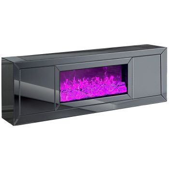 Meuble tv design avec cheminée artificielle intégrée en bois MDF et miroir gris L.200 x P.40 x H.60 cm collection MAYA