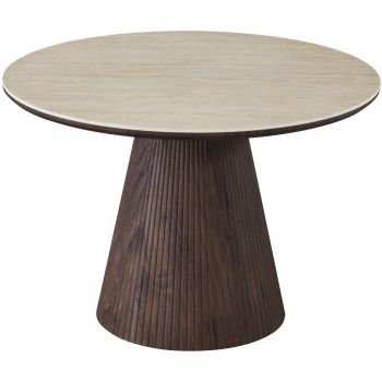Table de salle à manger ronde design plateau en céramique travertin et pieds en MDF effet noyer D.120 x H.76 cm collection SOHO