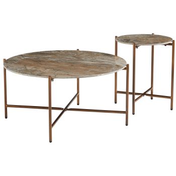 Table basse gigogne ronde design plateau en céramic et pieds en acier coloris Marron D.90/45 x H.45.5/55.5 cm collection SANTIAGO