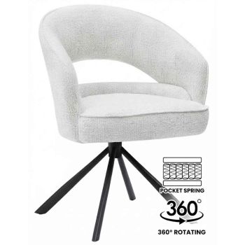Chaise de salle à manger design rotatives à 360° revêtement en tissu beige et pieds en acier noir avec des ressorts ensachés L 62 x P 63 x H 86 cm collection JENNIE