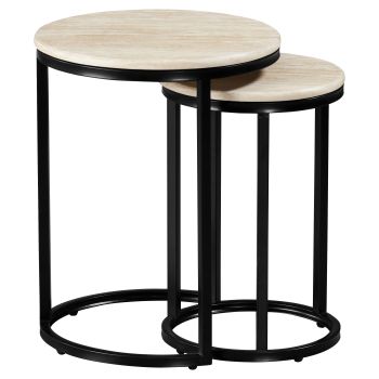 Table basse gigogne ronde design plateau en marbre artificiel et pieds en acier coloris Beige et Noir D.45/34 x H.57/50 cm collection MARJA